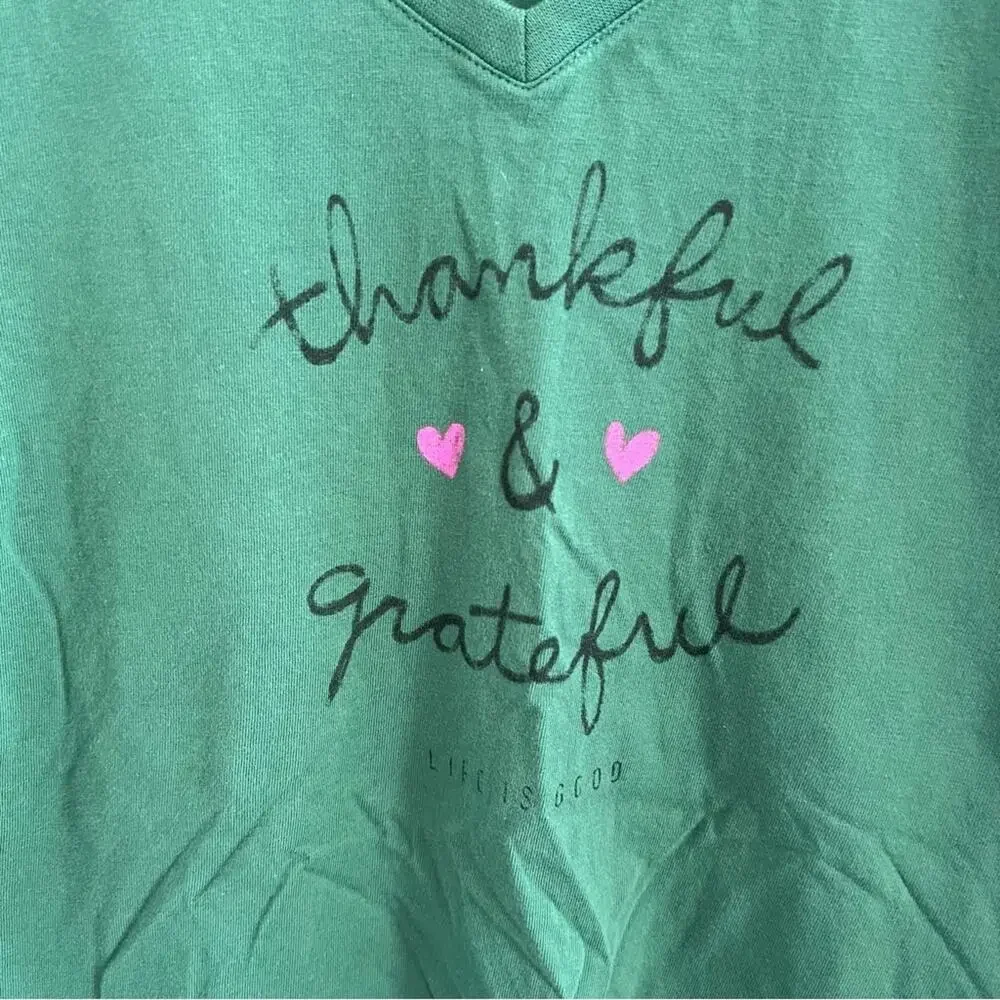 Life Is Good Thankful and Grateful Long Sleeve Green Shirt Top 100% Cotton Small - Picture 6 of 7